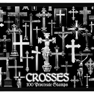 May include: A digital tablet screen displaying a collection of 100 black and white cross images. The text "CROSSES 100 Procreate Stamps" is displayed at the bottom of the screen.