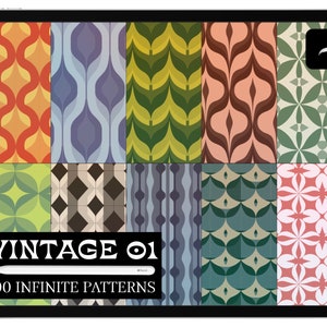 Puede incluir: Una tableta digital que muestra una colección de 100 patrones de estilo vintage. Los patrones son de varios colores y diseños, incluyendo formas geométricas, espirales y motivos florales. El texto "Vintage 01" y "100 Infinite Patterns" se muestra en la pantalla.