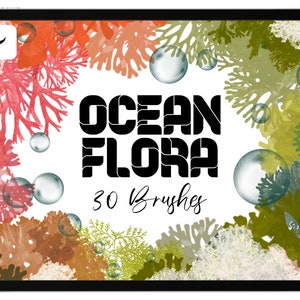 May include: A digital illustration of ocean flora, with a white background and the text "OCEAN FLORA 30 Brushes". The illustration features various types of seaweed and coral in shades of green, red, and brown, with white bubbles scattered throughout.