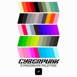 May include: Five color palettes for Procreate, inspired by cyberpunk aesthetics. The palettes feature a variety of colors, including neon green, pink, blue, and purple.
