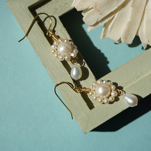 Retro Flower Earrings,Real Pearl Earrings,14k Gold Filled,Dangle Earrings for Wedding,Party,Gift