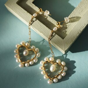 Romantic Heart Drop Earrings, Real Freshwater Pearl Earrings, Fine Jewelry for Party,Wedding,Gift