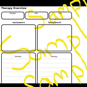 May include: A printable therapy session log with sections for therapist name, date, time, topic or symptom, summary, and a visit journal.
