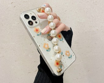 lovely flower phone case with pearl chain iPhone 11 12 13 14 15 pro max case, OnePlus 8 Samsung Note 20 Ultra case,Samsung S24 Ultra case.