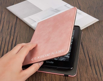 Handgjort fodral i körsbärsfärgat läder till Kindle Paperwhite med handrem, anpassat fodral med namn och logotyp för Paperwhite 11:e generationen, Oasis 10:e generationen 2019