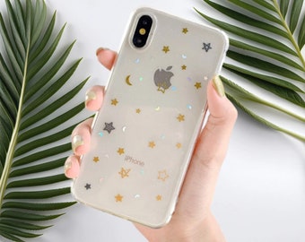 Étui fait main mignon ciel étoilé étoile lune pour iPhone 15 14 13 12 pro max, étui Samsung s23 s24 z flip/fold 5 A55 A35, étui Google pixel 7