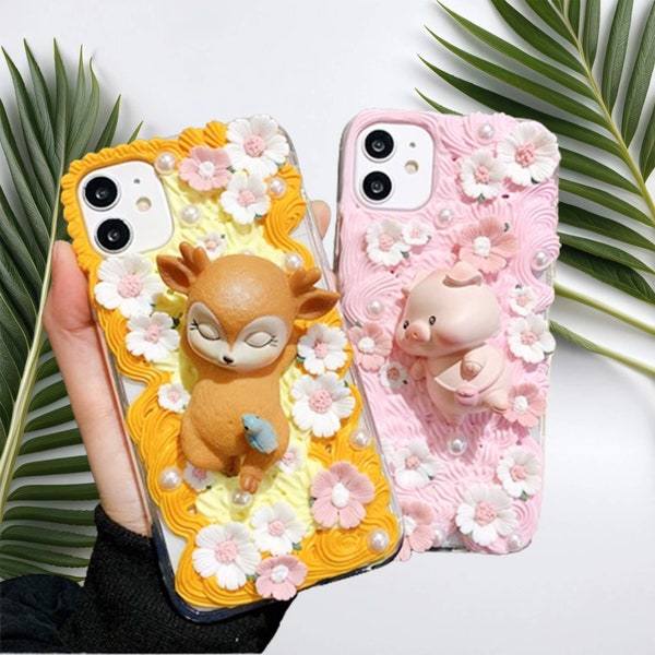 Lovely elk pig iPhone cartoon cream phone case iPhone 15 14 13 12 pro max case,Samsung s23 s24 case,Google pixel 7 case