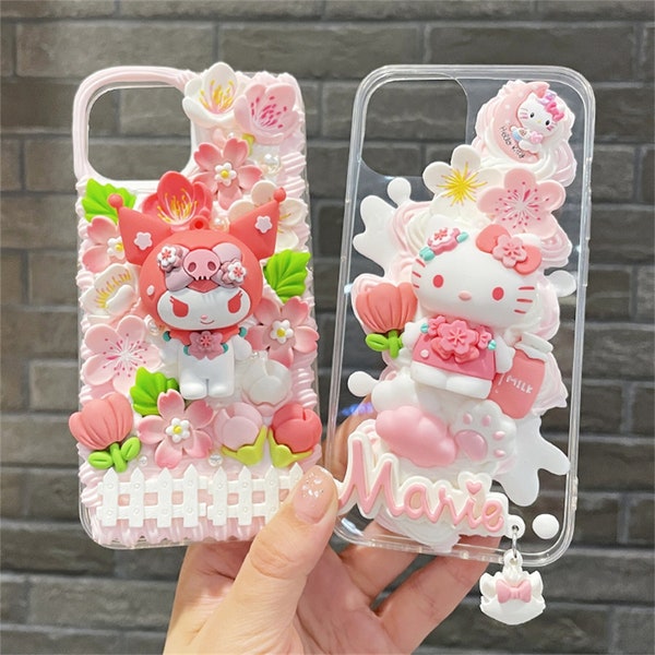 Creme 3D Cartoon Sakura Katze Handyhülle passend für iPhone 15 14 13 12 pro max case, Samsung Z flip fold 5 4 case, Samsung s23 s24 ultra case