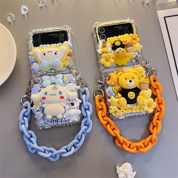 Étui crème mignon ours et chien avec chaîne pour iPhone 14 13 12 pro max, étui Samsung Z à rabat 5 4 3, étui samsung s23 s24 ultra cartoon