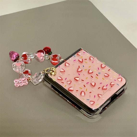Handmade Strawberry Phone Case With Chain for Samsung Z Flip 5 4 Case,  iPhone 15 14 13 12 11 Pro Max Case,samsung S23 S24 FE Oneplus 9pro 9R 