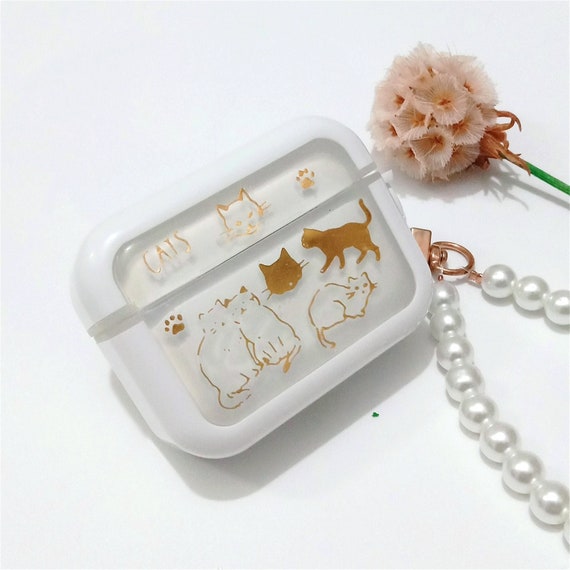 Cute cartoon cat AirPods case with pearl chain for AirPods 1 2 3 4 case,AirPods Pro 2nd gen 2022 case, shockproof AirPods case, gift for her