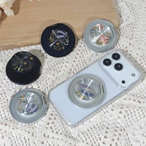 Starry sky sticker magnetic phone grip with mirror, custom name moon star magsafe phone stand, glitter foldable phone holder, gift for her