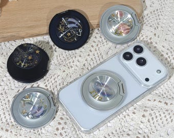 Soporte magnético para teléfono con pegatina de cielo estrellado y espejo, soporte para teléfono MagSafe con nombre personalizado de luna y estrellas, soporte plegable para teléfono con purpurina, regalo para ella.