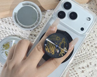 Soporte para teléfono MagSafe con pegatina de cielo estrellado personalizable, espejo, soporte vertical u horizontal, base giratoria ajustable de 360 grados.