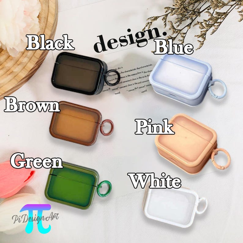 May include: A set of 6 clear phone cases with different colored accents. The cases are designed for Airpods and have a small loop for attaching a keychain. The colors are black, brown, green, blue, pink, and white.