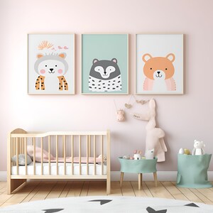 Whimsical Animal Art Trio for Kids&#39; Bedroom Decor - Set of 3 Prints - AI Art