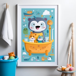 Playful and Educational Kids Bathroom Art Print - Brushing Teeth and Bath Time Fun - AI Art