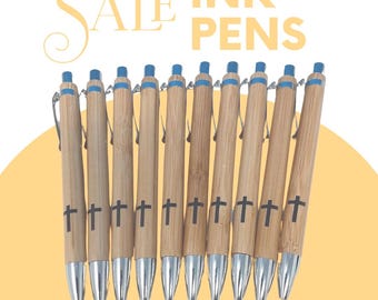 Laser Engraved Cross Wooden Pens - Christian Gift Set of 10