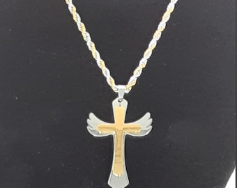 Two-Tone Angel Wing Cross Necklace: Stainless Steel Religious Pendant