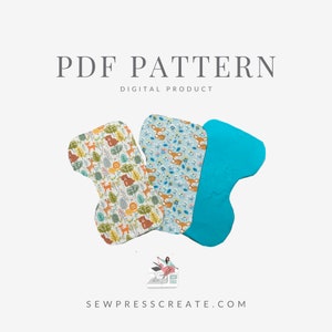 以下が含まれることがあります： 赤ちゃん用のよだれかけを縫うためのPDFパターン。パターンには、青と白の鹿柄、緑と茶色の森の動物柄、無地のターコイズ色の生地の3種類の生地デザインが含まれています。