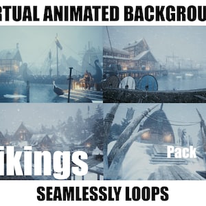May include: A virtual animated background featuring a snowy Viking village with a longship docked at the pier. The background is part of a pack of seamless looping animations. The text "Vikings Pack" is visible in the image.