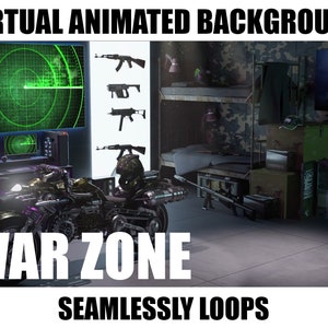 Op de afbeelding: Een virtuele geanimeerde achtergrond met een oorlogszone-thema. De achtergrond toont een groen radarscherm, een motorfiets, wapens en een donkere kamer met een bed en planken. De tekst "WAR ZONE" wordt weergegeven in witte letters op een zwarte achtergrond. De tekst "SEAMLESSLY LOOPS" wordt weergegeven in witte letters op een zwarte achtergrond.