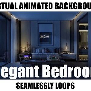 Puede incluir: Un fondo animado virtual de un dormitorio moderno con una cama grande, un armario y una mesita de noche. La habitación está iluminada por una lámpara y el reloj de la pared marca las 3:40 AM. El texto "Elegant Bedroom Seamlessly Loops" se muestra en la parte inferior de la imagen.