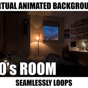 Può includere: Uno sfondo animato virtuale di una camera da letto a tema anni '90 con una scrivania, un computer, librerie e un letto. Il testo '90's ROOM' è visualizzato in grandi lettere bianche nella parte inferiore dell'immagine. Il testo 'SEAMLESSLY LOOPS' è visualizzato in lettere bianche sotto l'immagine della stanza.