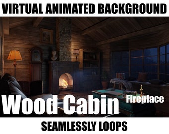 ANIMATED VIRTUAL BACKGROUND | Wood Cabin Fireplace | Instant Digital Download