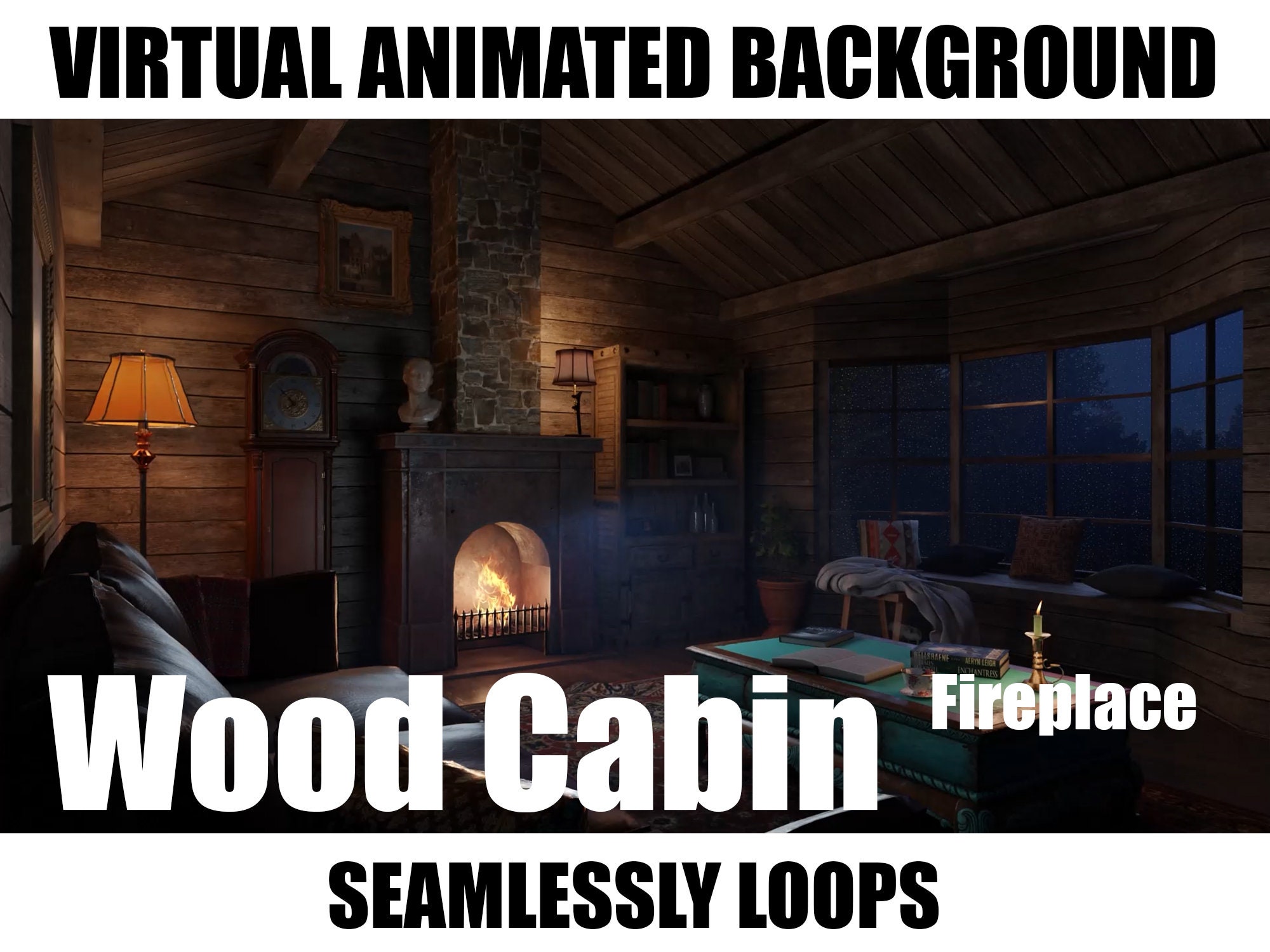ANIMATED VIRTUAL BACKGROUND Wood Cabin Fireplace Instant - Etsy