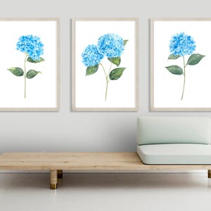 3er Set blaue Hortensie Aquarell Malerei Digitaldrucke, druckbare Kunstdrucke, Schlafzimmer Wandbild, Pflanzen Wanddekor