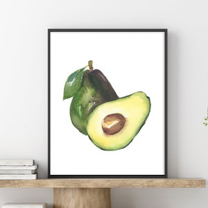 Printable art print - Avocado watercolor painting art print, fruit painting, kitchen wall decor