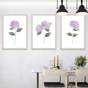 3er Set Lavendel Hortensie Aquarell Malerei Digitaldrucke, druckbare Kunstdrucke, Schlafzimmer Wanddruck, Hortensie Wanddekor