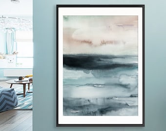 May include: A framed abstract watercolor painting with shades of blue, gray, and pink. The painting depicts a landscape with a horizon line and clouds.
