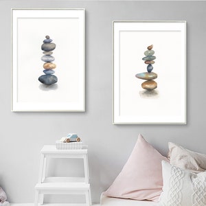 Set of 2 stacked rocks watercolour paintings prints, zen pebbles,  Printable art prints, zen decor