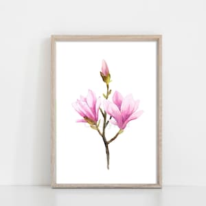 Printable art print - magnolia watercolour painting print, spring flower painting, botanical plant digital print