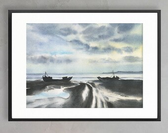 Instant Download - tide out seashore art print,  seascape watercolor painting digital print