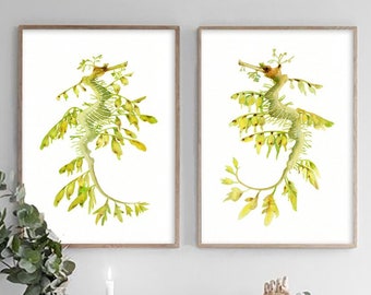 Set of 2 leafy sea dragon watercolor painting digital prints,  Printable art prints, Nursery bedroom Wall Print, green home decor