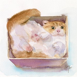 Digital Print - Naughty cat in the box, cat watercolor painting print, at lover gift, Instant download, square size art print