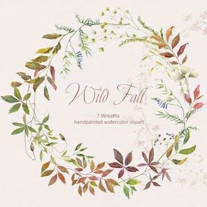 Instant Download - Wild Fall Watercolor Cliparts Leaves Herbs Flowers Autumn Leafy Wreaths, Botanical, wild plants clip art Images