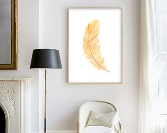 Digitial Print -Feather watercolor painting art print Minimal Abstract Living Room Decor, Nursery Kids Wall Print, beige brown home decor