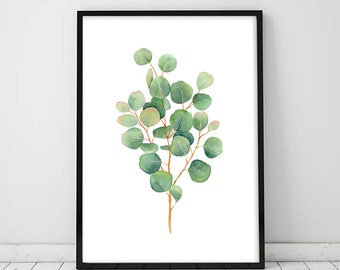 Printable art print - Silver Dollar Eucalyptus watercolour painting art prints, green botanical painting, green wall decor