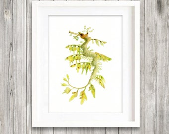 leafy sea dragon watercolor painting digital prints,  Printable art prints, Nursery bedroom Wall Print, green home decor