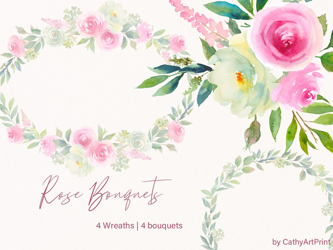 Rose Bouquets Wreaths Pink White Rose Watercolor Floral Clipart Roses ...