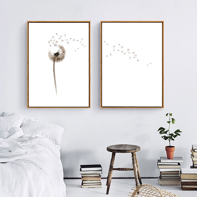 Printable art prints beige brown home decor Set of 2 dandelion watercolor painting digital prints Nursery bedroom Wall Print