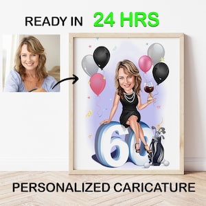 60. Geburtstagsgeschenk, personalisierte Karikatur für Geburtstagsgeschenk für sie von Tochter und Sohn, 60. Geburtstag Cartoon Zeichnung vom Foto