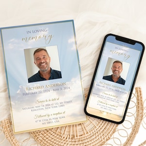 Editable Blue Sky Funeral Funeral Announcement| Smartphone Funeral Digital Invites Electronic Funeral Memorial Template