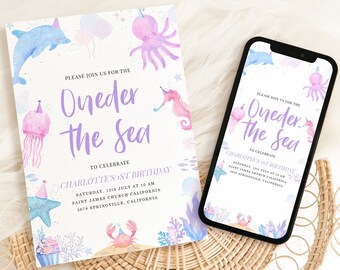 Under the Sea 1st Birthday Invitation: Purple Ocean Animals (Digital Download)