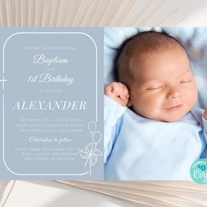 Baptism & First Birthday invitation Boy w/ PHOTO |Corjl Instant Download Christening| Dusty Blue Baptism Cute Balloon, Boys Blue Invite