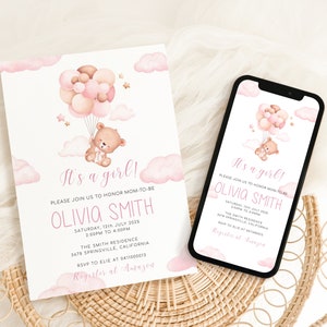 Teddy Bear Baby Shower Invitation: Pink Girl, Editable (Digital)